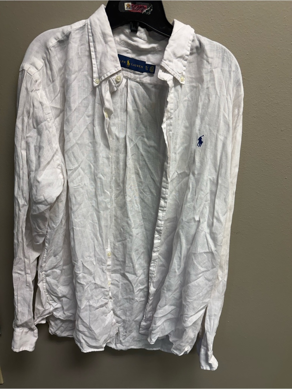 Ralph Lauren White Linen Button-Down Shirt with Blue Polo Logo
